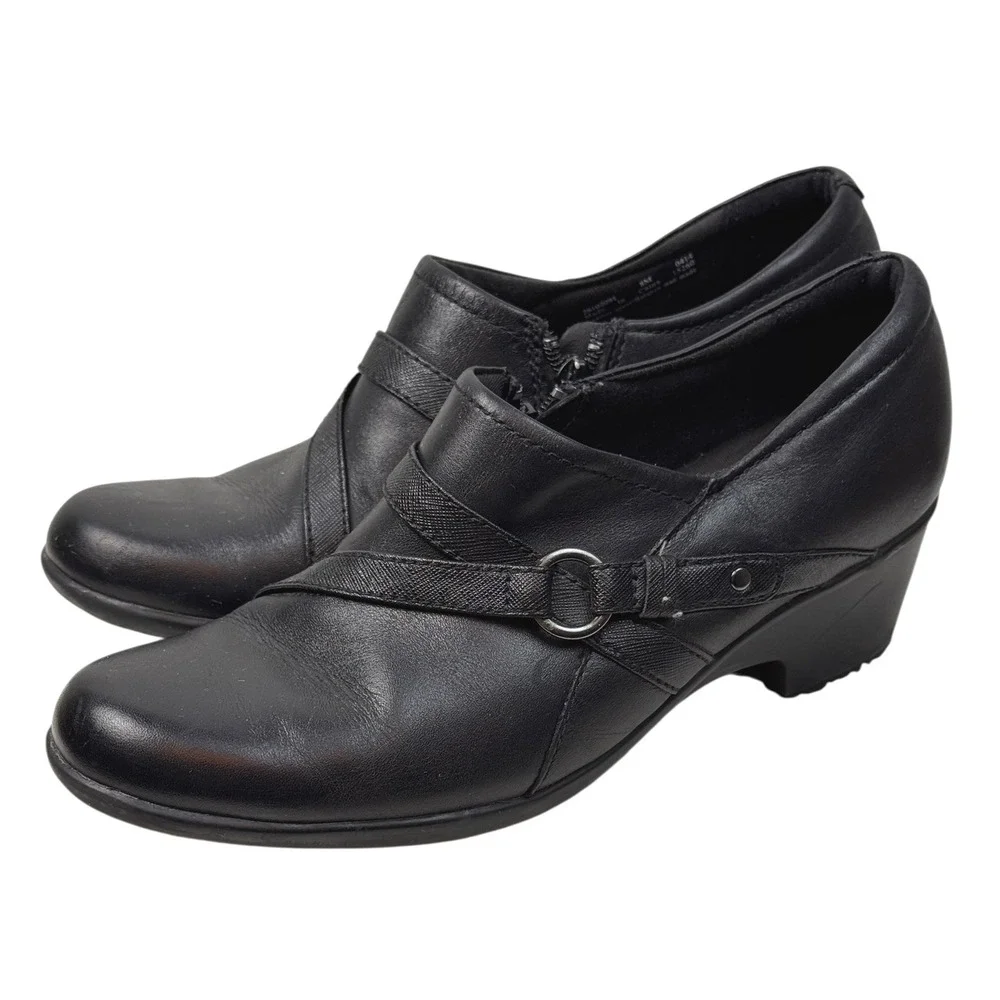 Clarks Loafers Genette Arc Black Leather Women‎ Size 8M Wedge Heel Comfort Shoes